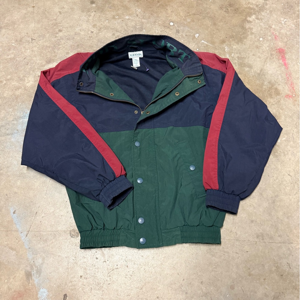 Vtg 80s 90s Izod Windbreaker Jacket Size Large Nylon Color Block Spellout Track